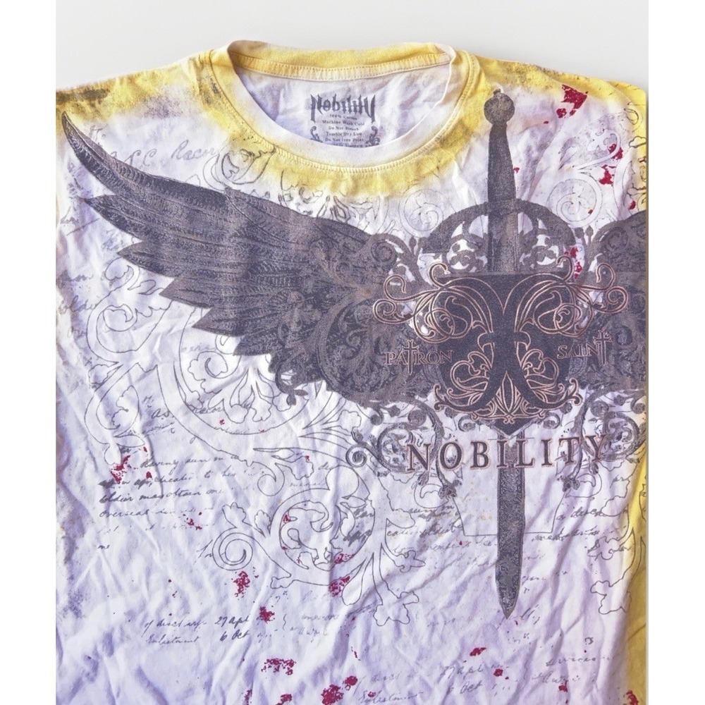 Nobility Tshirt Large Cotton Cross Wings Goth Punk Grunge White Black Yellow